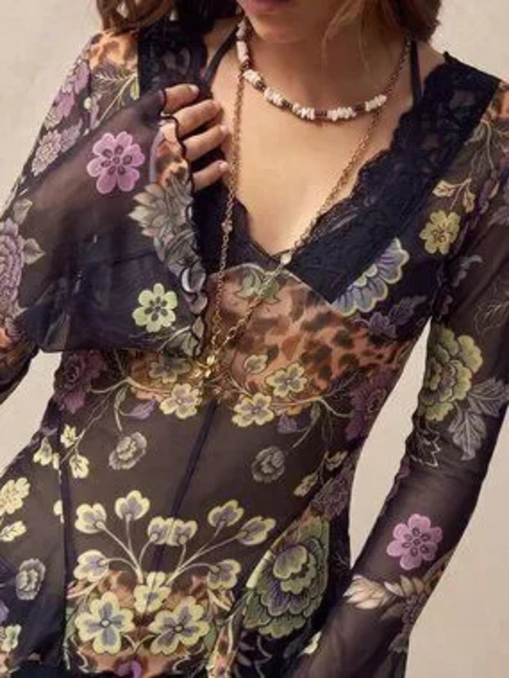 Multicolor Casual Women's Sexy Sheer Asymmetrical V-Neck Flare Sleeve T-Shirt